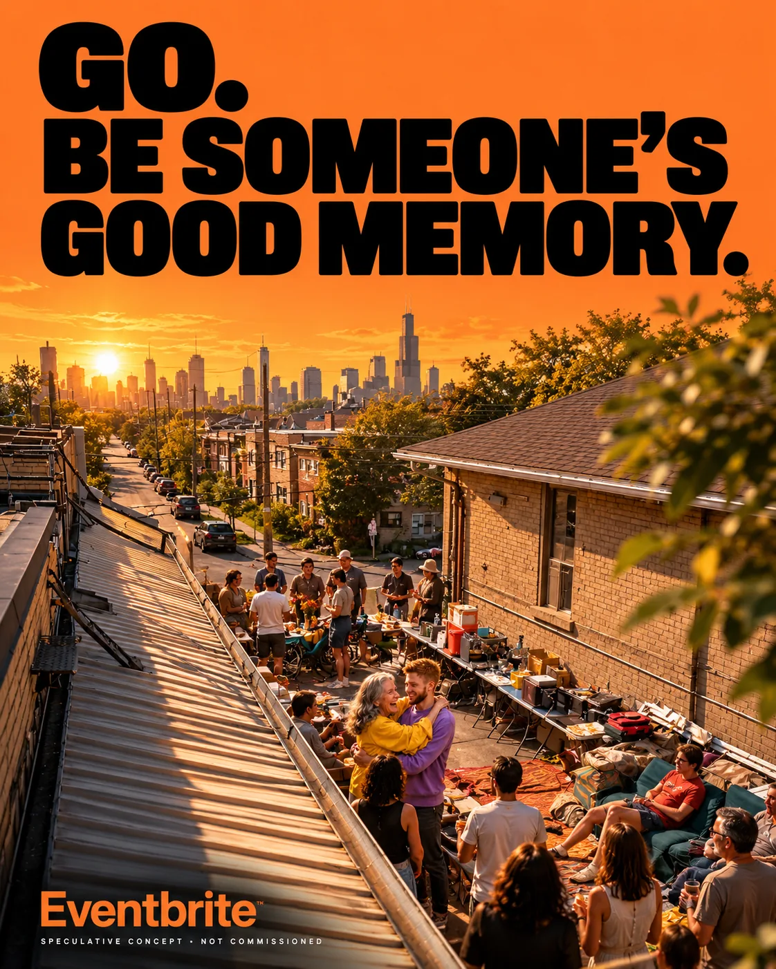 Eventbrite speculative poster: a block party in an alley seen from the rooftops at sunset with a city skyline behind, headline “Go. Be someone’s good memory.”