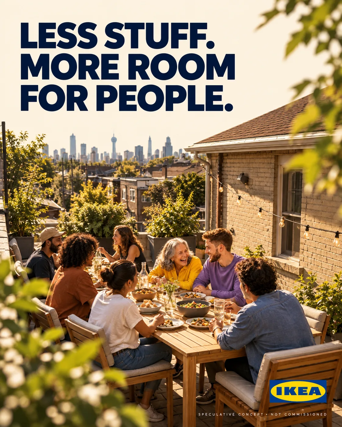 IKEA speculative poster: friends and neighbors sharing dinner at a long table on a rooftop with the skyline behind, headline “Less stuff. More room for people.”