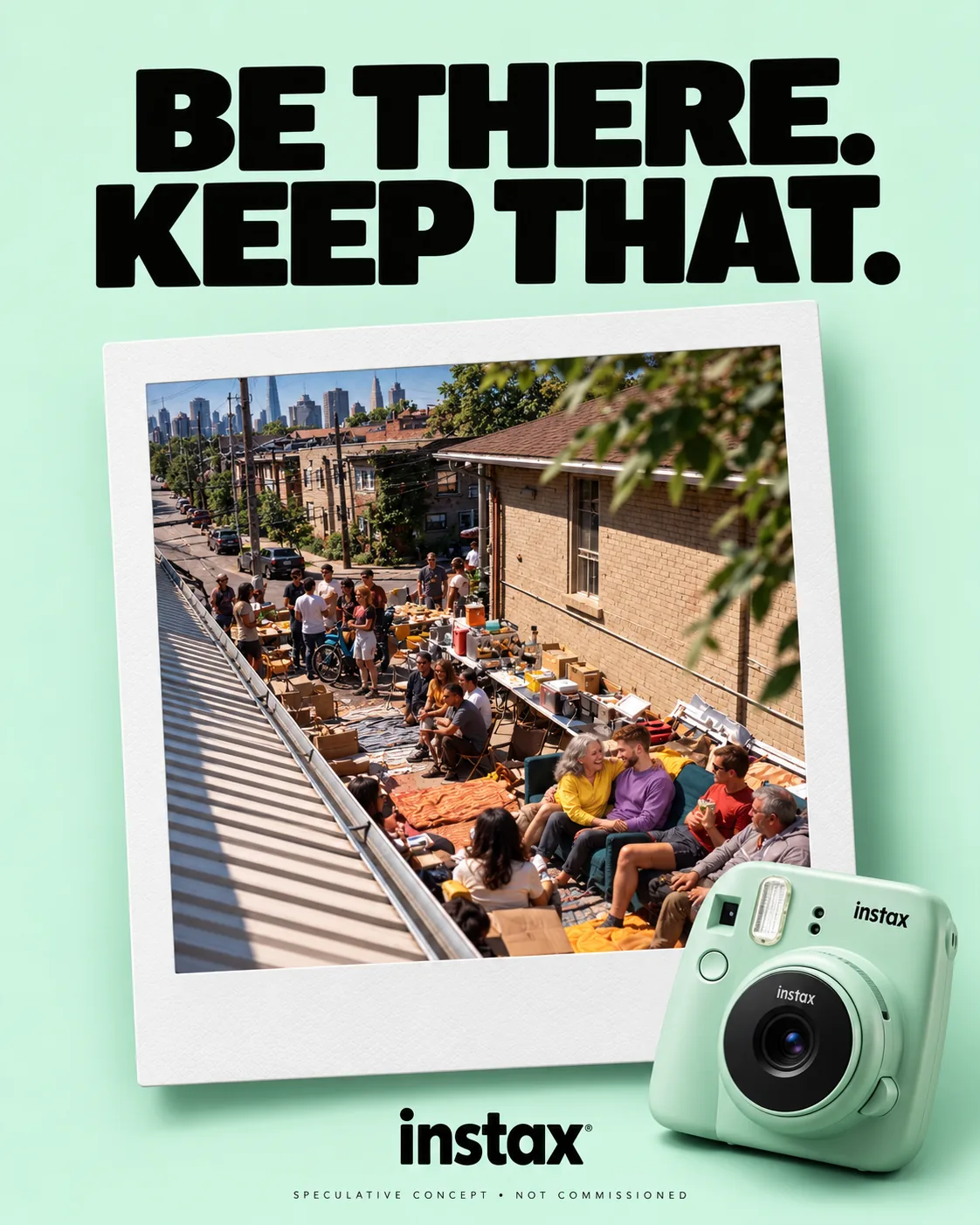 instax speculative poster: an instant print of an alley block party beside a mint instax camera, headline “Be there. Keep that.”