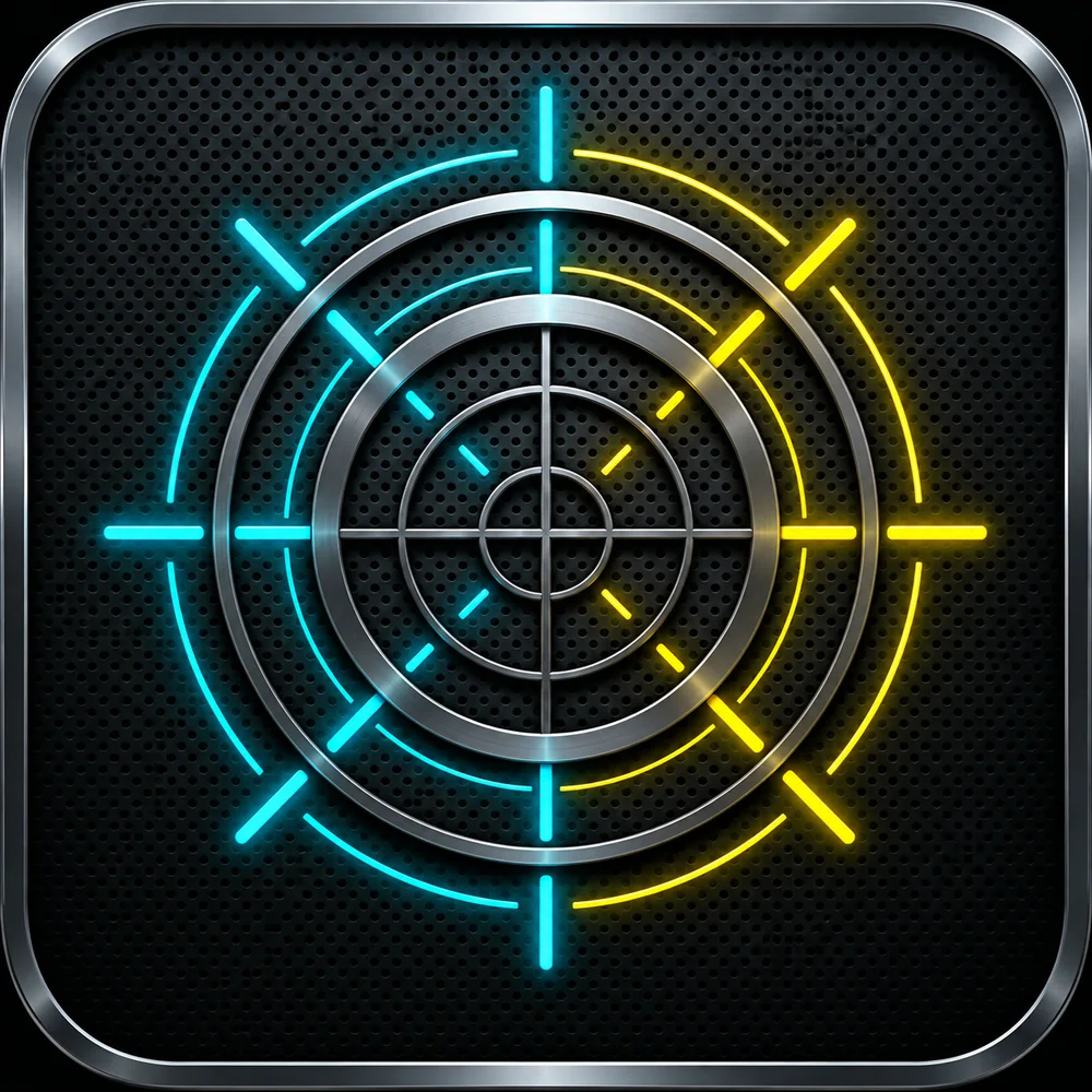 A brushed-metal crosshair emblem in cyan and yellow light