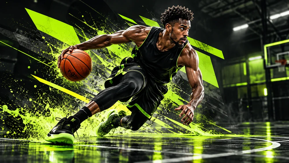 A basketball player in motion under neon light
