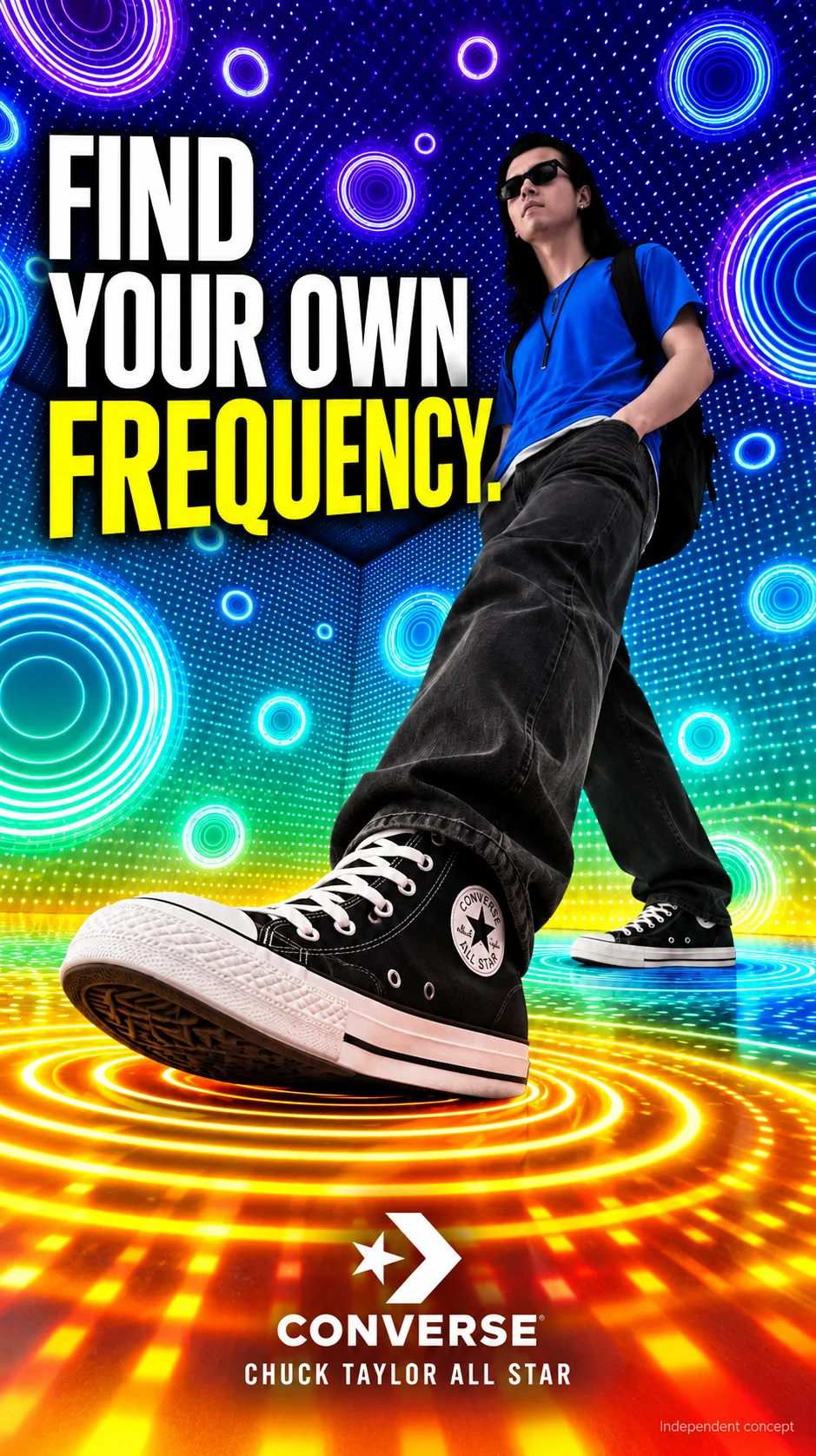Find your own frequency. — A Chuck Taylor steps toward the lens onto a floor of glowing rings that shift from blue to gold.