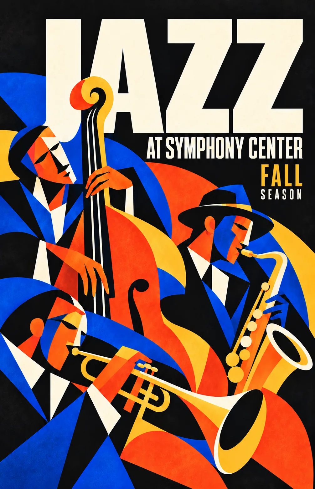 Jazz at Symphony Center — A bass, saxophone and trumpet trio in angular cobalt, orange and gold beneath an oversized JAZZ.