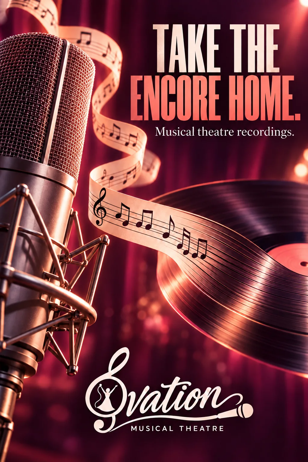 Take the encore home. — A studio microphone and a ribbon of sheet music spiraling into a vinyl record on a crimson stage.