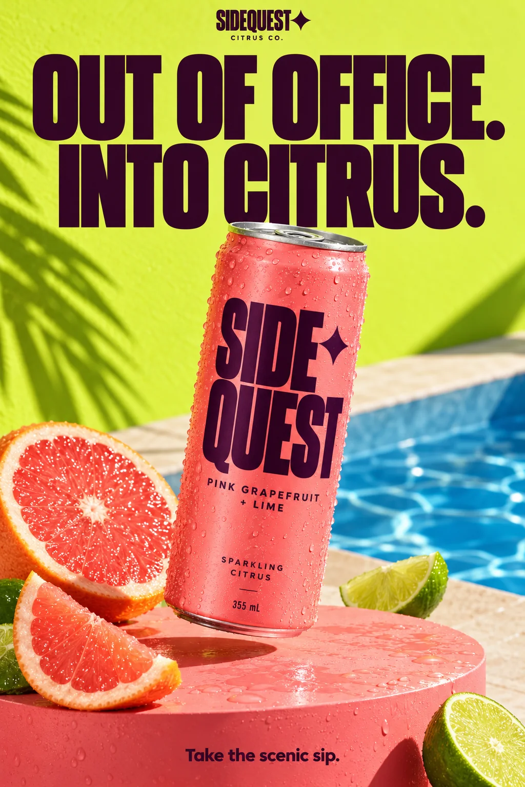 Out of Office. Into Citrus., Beverage ad / poster for Sidequest Citrus Co. (fictional)
