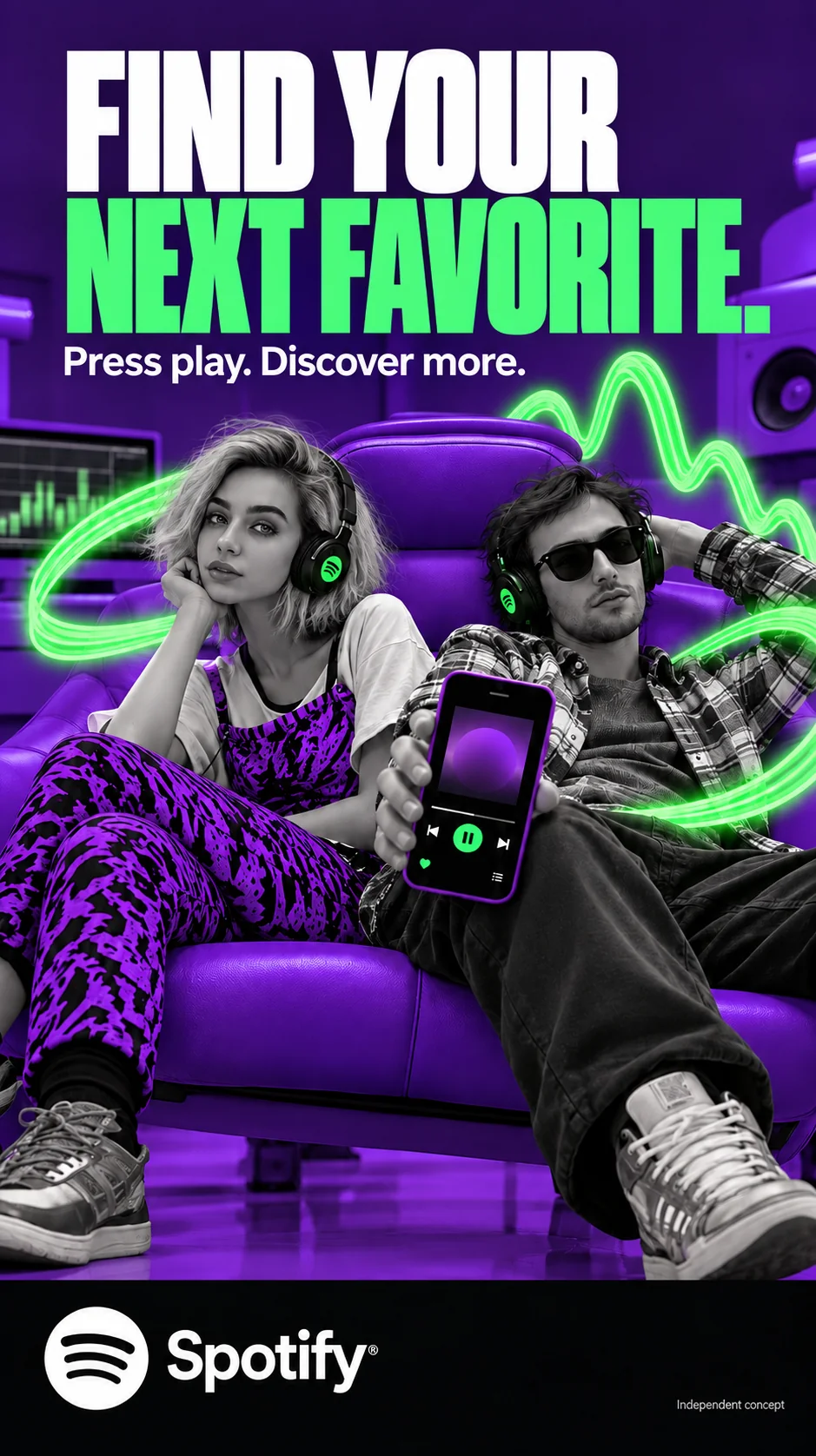Find your next favorite. — Two listeners on a violet chair in a violet studio, one holding out the app, linked by a green sound-wave ribbon.