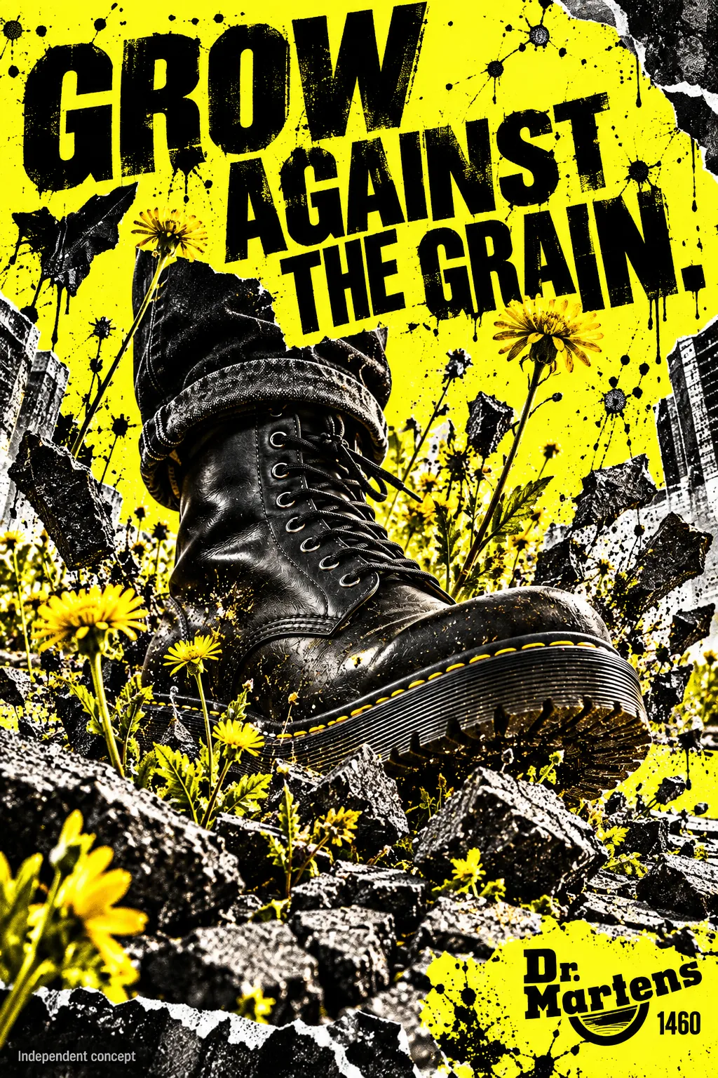 Dr. Martens speculative poster, “Grow against the grain.”: a black 1460 boot in broken concrete surrounded by yellow dandelions on an acid-yellow ground.