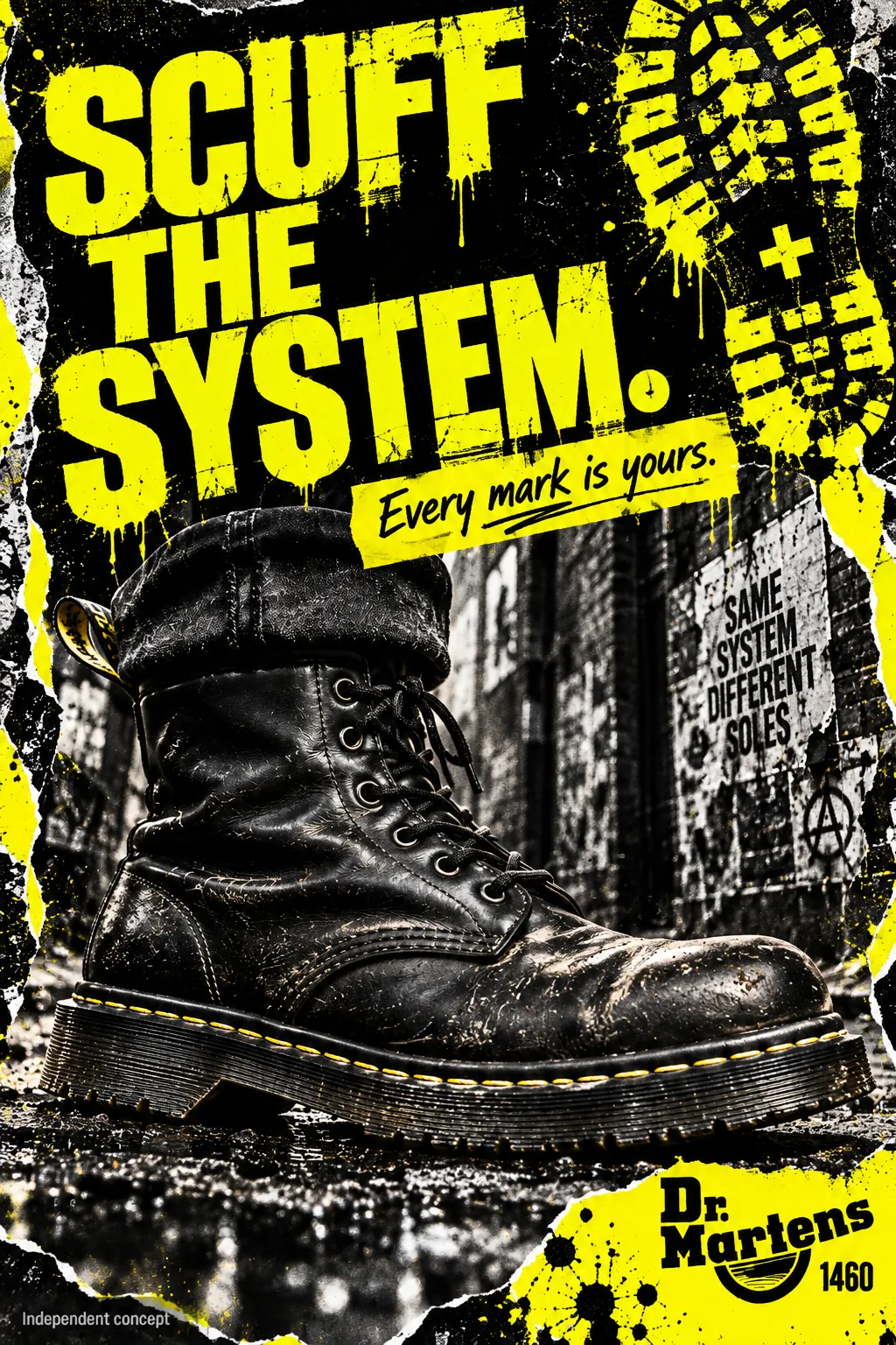 Dr. Martens speculative poster, “Scuff the system.”: a scuffed black 1460 boot in a graffiti alley beside a yellow tread print and the line “Every mark is yours.”