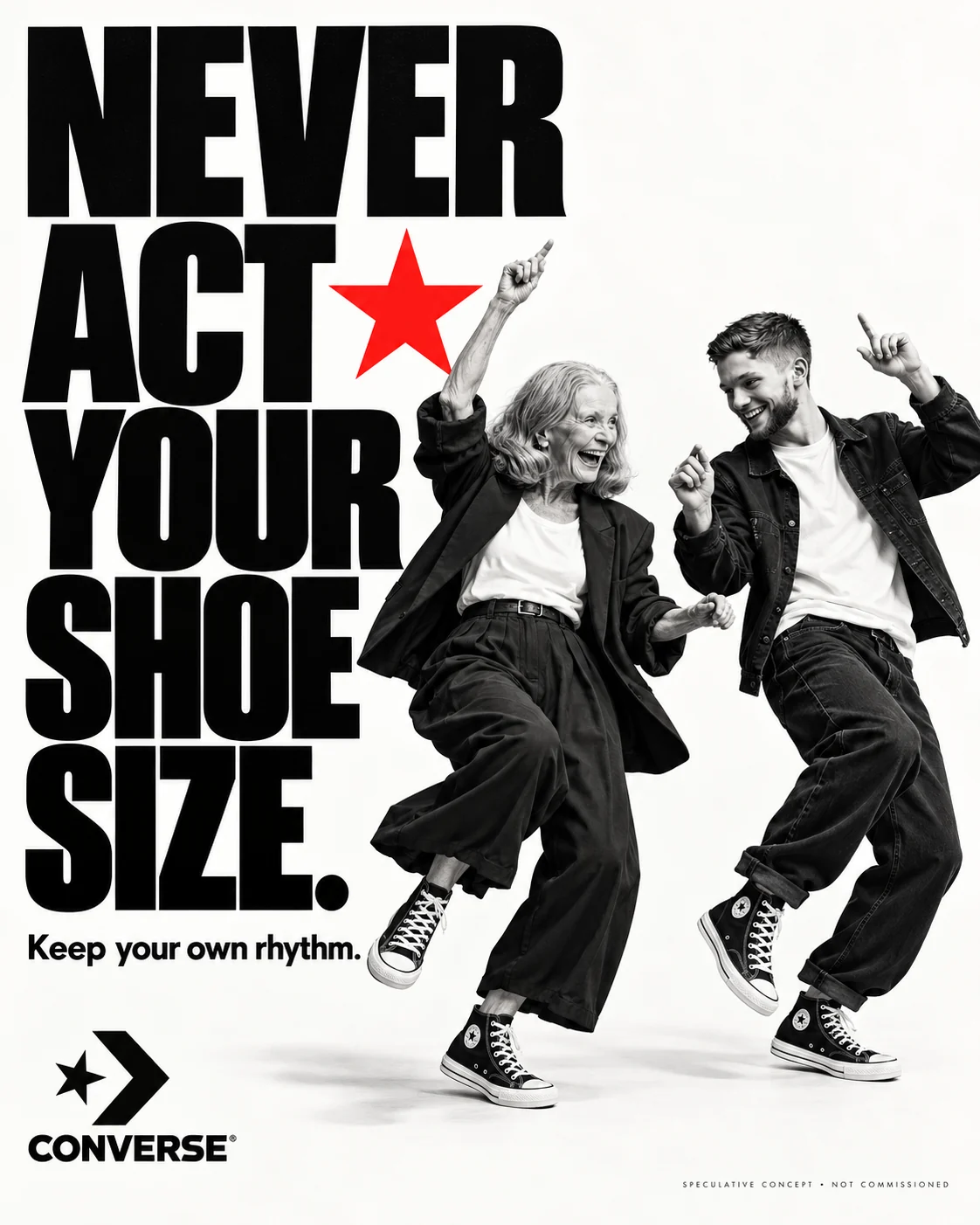 Converse speculative poster in black and white: a grandmother and grandson dancing in Chucks, headline “Never act your shoe size.”