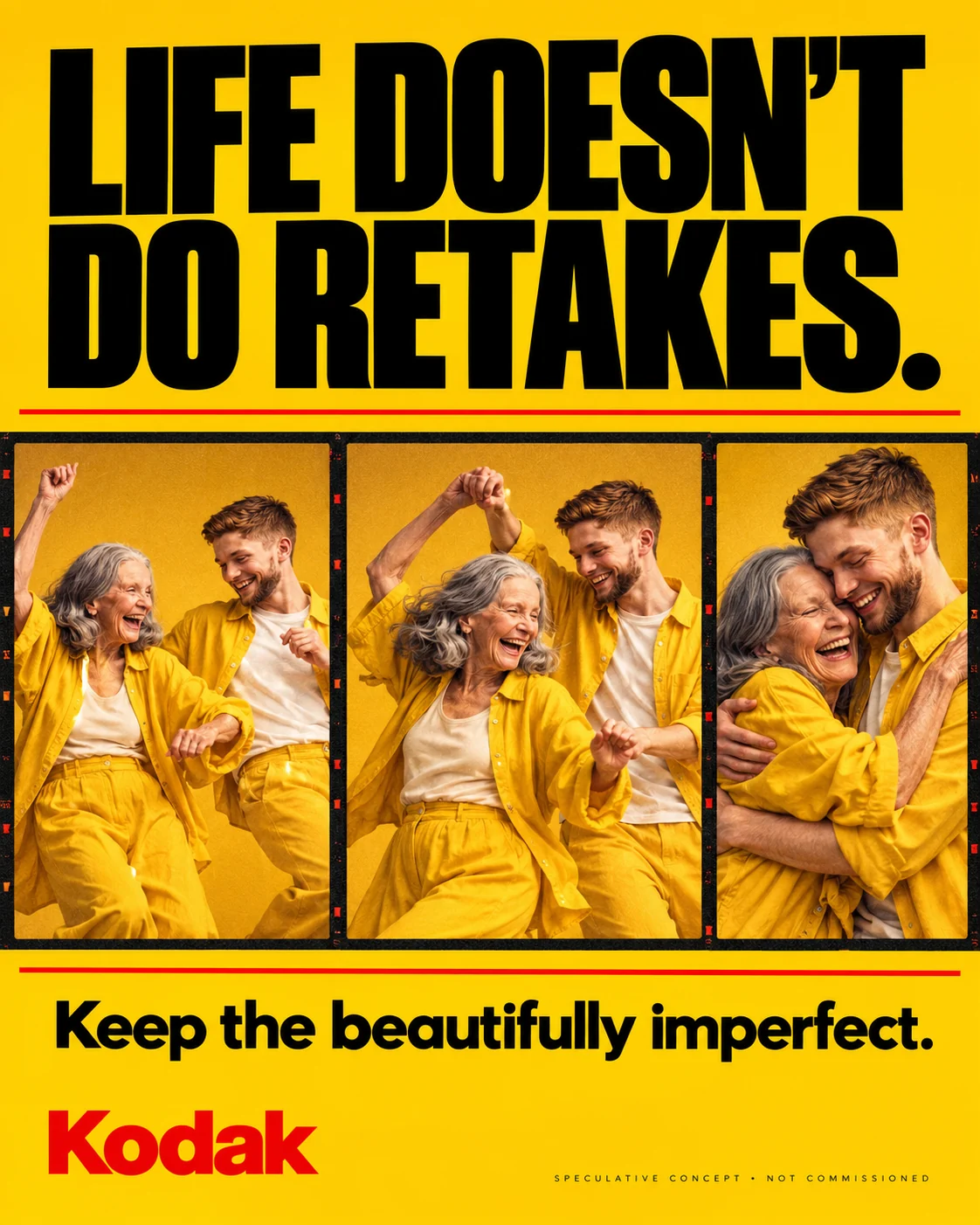 Kodak speculative poster: a grandmother and grandson dancing in yellow across three film frames, headline “Life doesn’t do retakes.”