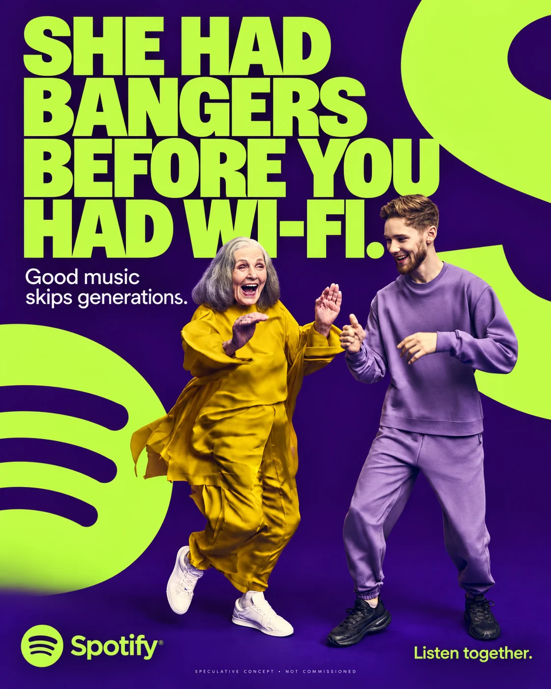Spotify speculative poster: a grandmother and grandson dancing on violet, headline “She had bangers before you had Wi-Fi.”