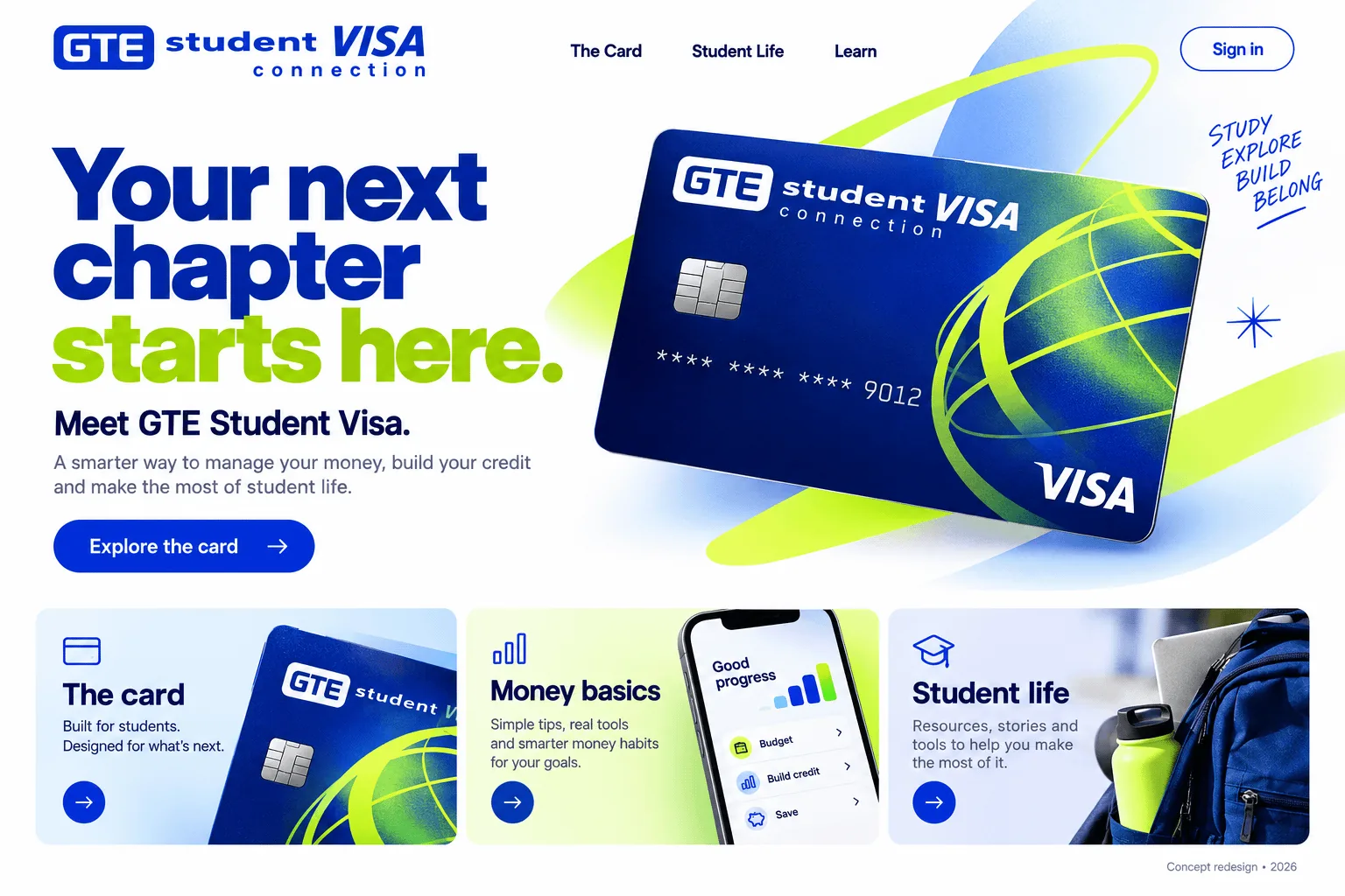 Your next chapter starts here. — GTE Student Visa · Concept redesign