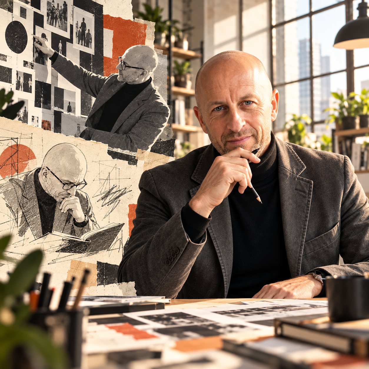 Kevin Halstead in a studio portrait combining photography, paper collage and sketch treatments