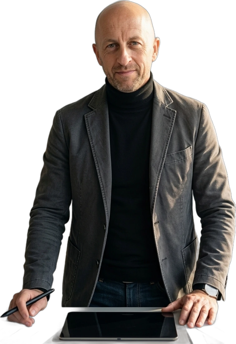 Portrait of Kevin Halstead, Chicago senior art director, in a charcoal jacket and black turtleneck, holding a stylus at a desk