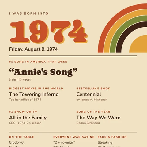 Born Into card for August 9, 1974 in a 1970s style: a rainbow, the #1 song Annie's Song by John Denver, and the year's top movie, book and TV show