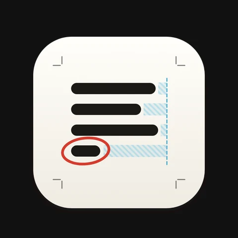 Rag Right app icon: a proof sheet of type lines with the last word circled in red pencil