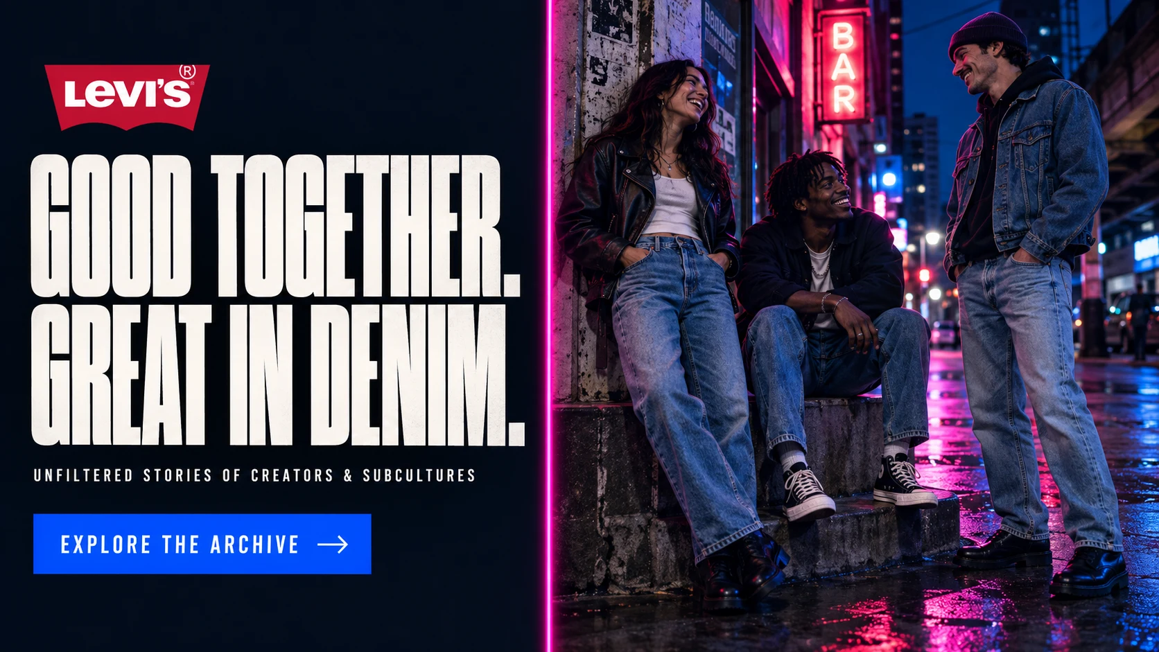 Levi's 501 Originals speculative campaign key visual, apparel art direction by Kevin Halstead: three friends in 501 jeans under a neon-lit underpass beside the stacked headline “Good together. Great in denim.”