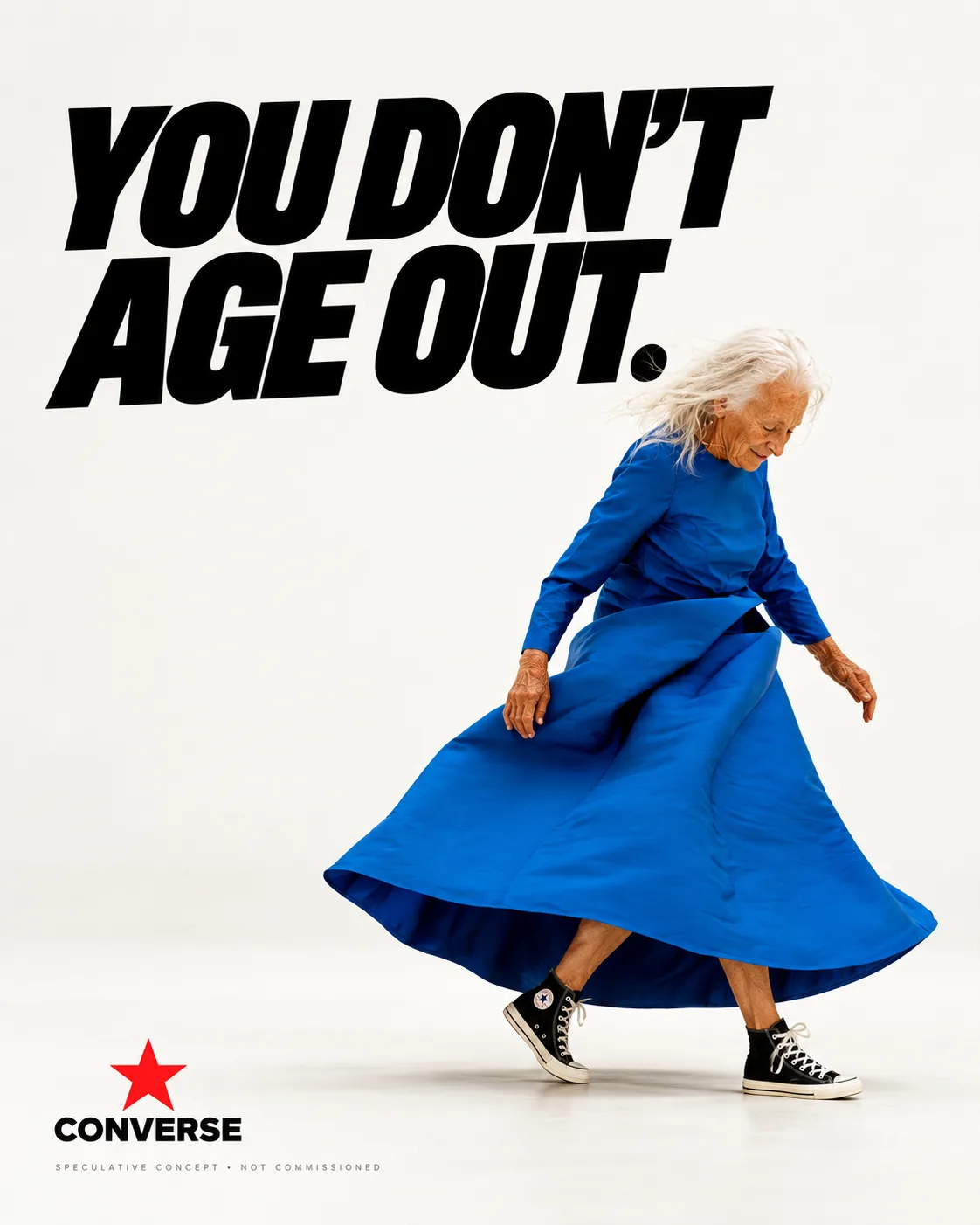 Converse speculative poster: a white-haired woman in a cobalt dress and black high-tops mid-turn on white, headline “You don’t age out.”
