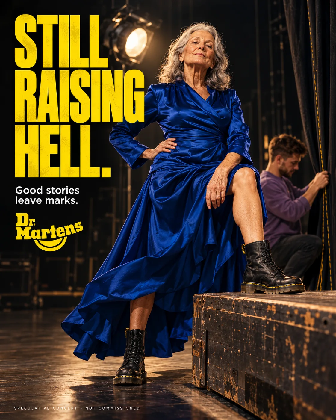 Dr. Martens speculative poster: a woman in a cobalt satin dress with one boot up on a stage box, headline “Still raising hell.”
