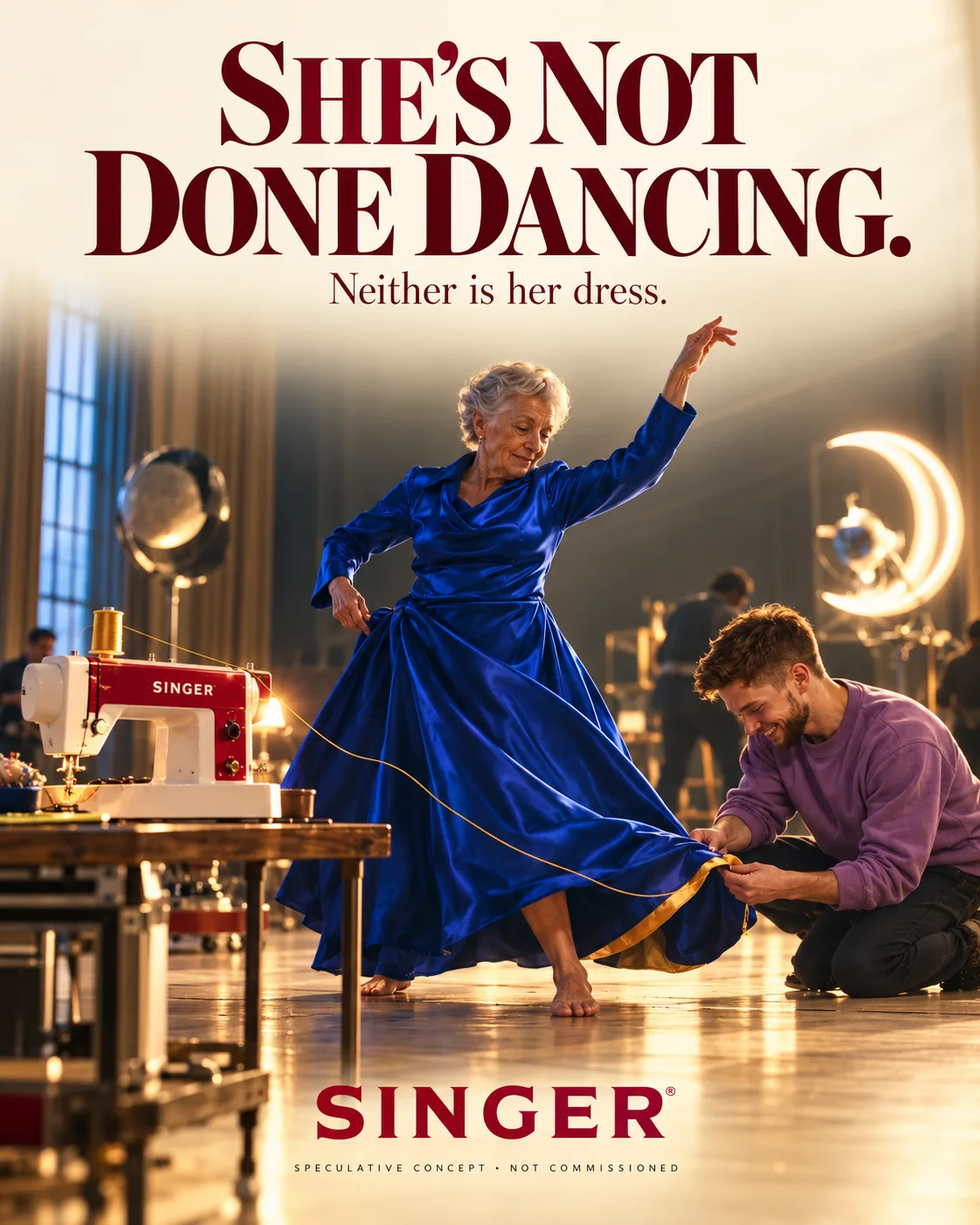 Singer speculative poster: an older woman dancing in a cobalt silk dress while a young man sews its hem, headline “She’s not done dancing.”