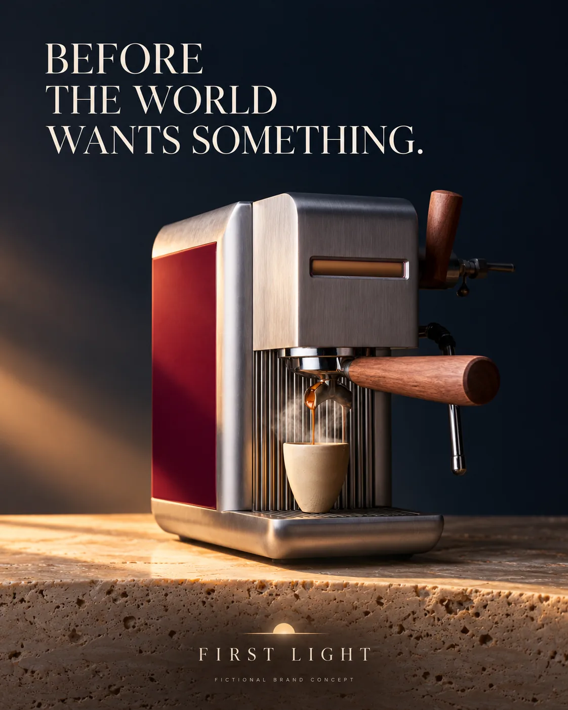 Poster for First Light, a fictional espresso machine brand: a steel and oxblood machine pulling a shot in low morning light, headline “Before the world wants something.”