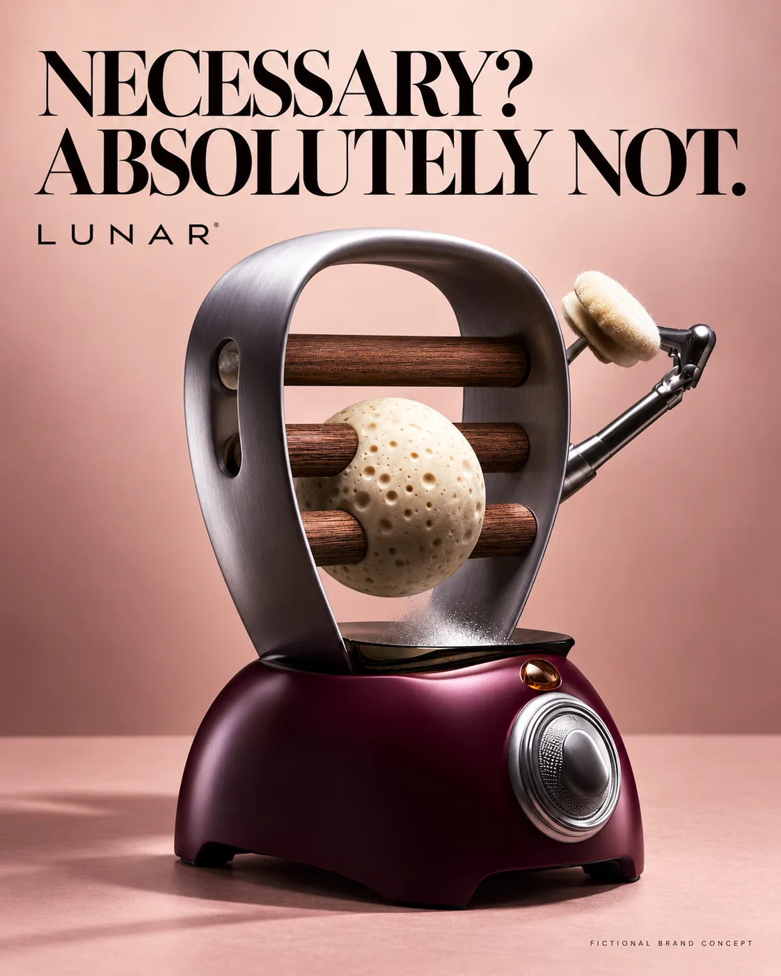 Poster for Lunar, a fictional luxury gadget: a sculptural steel and plum countertop device holding a small moon, headline “Necessary? Absolutely not.”