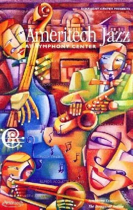 Original Ameritech Jazz at Symphony Center poster with colorful illustrated musicians, archive file