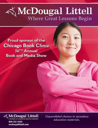 Original McDougal Littell Chicago Book Clinic sponsorship poster with a student in a pink hoodie, low-resolution archive file