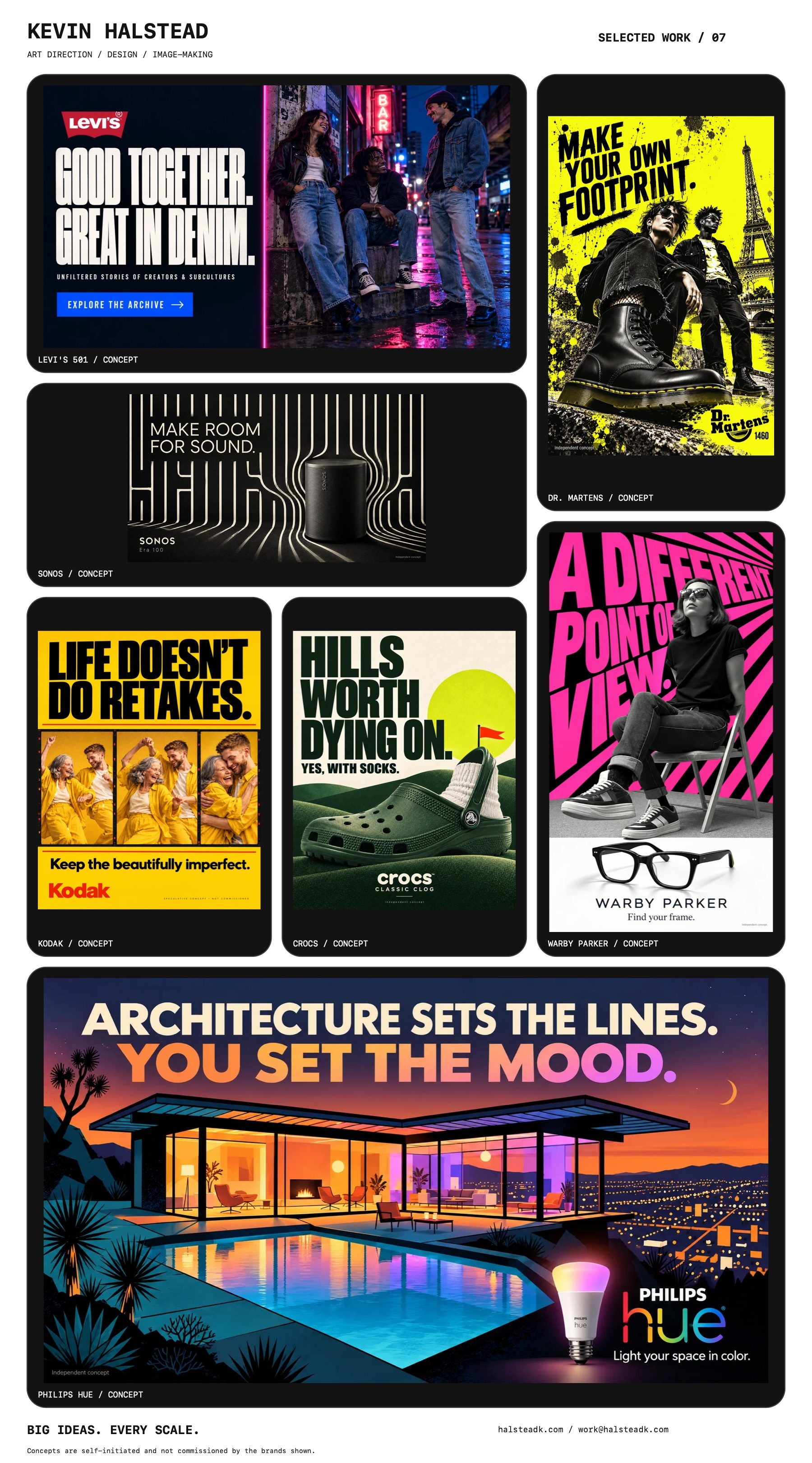 Portrait selected-work PDF on white with black rounded artwork boxes: Levi’s, Dr. Martens, Kodak, Sonos, Crocs, Warby Parker and Philips Hue