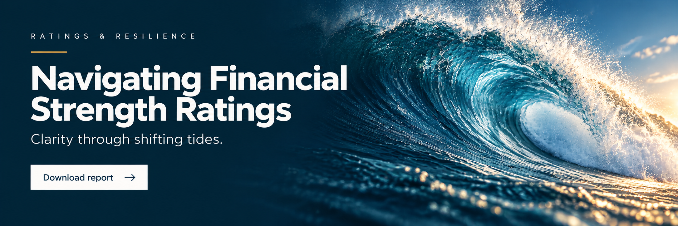 Aon research report web hero banner, digital art direction for financial services: a breaking ocean wave beside the title “Navigating Financial Strength Ratings” and a download button