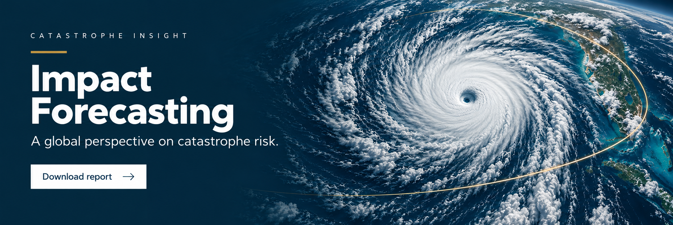 Aon Impact Forecasting web hero banner, digital design for catastrophe risk research: a hurricane seen from orbit with a thin gold forecast arc behind the report title