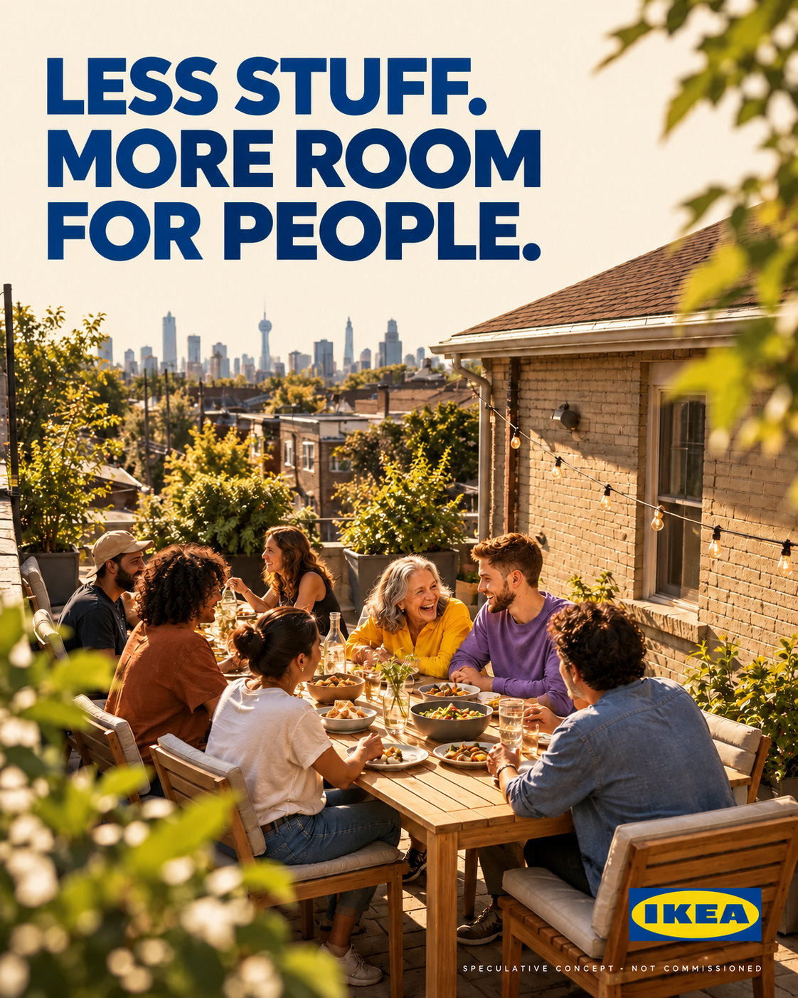 IKEA speculative poster: friends and neighbors sharing dinner at a long table on a rooftop with the skyline behind, headline “Less stuff. More room for people.”