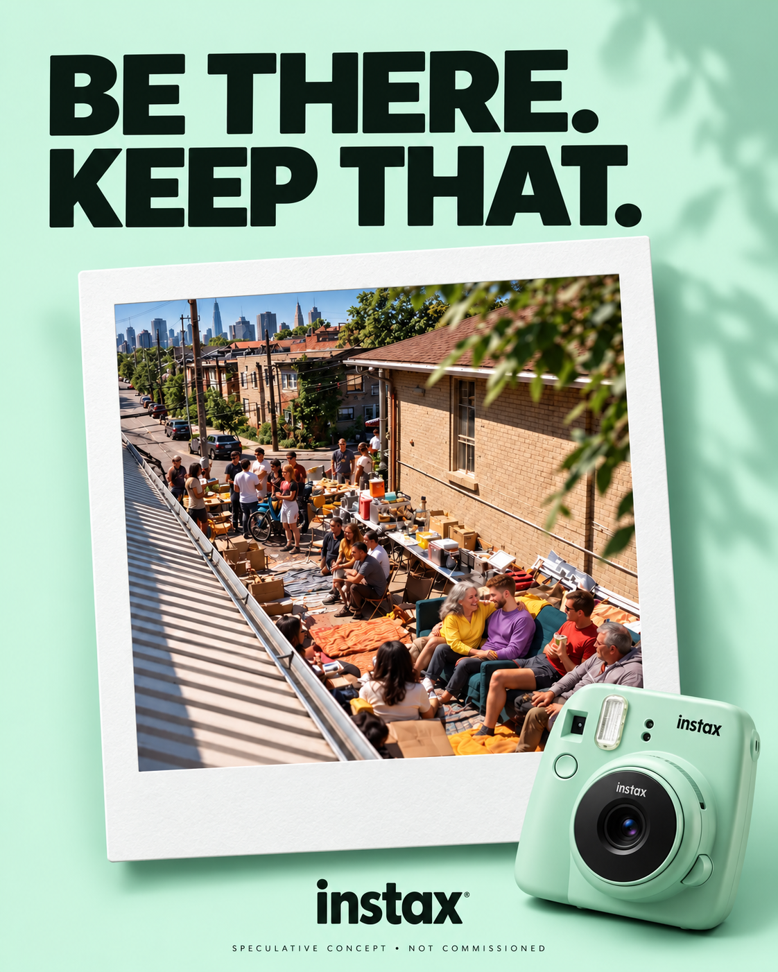 instax speculative poster: an instant print of an alley block party beside a mint instax camera, headline “Be there. Keep that.”