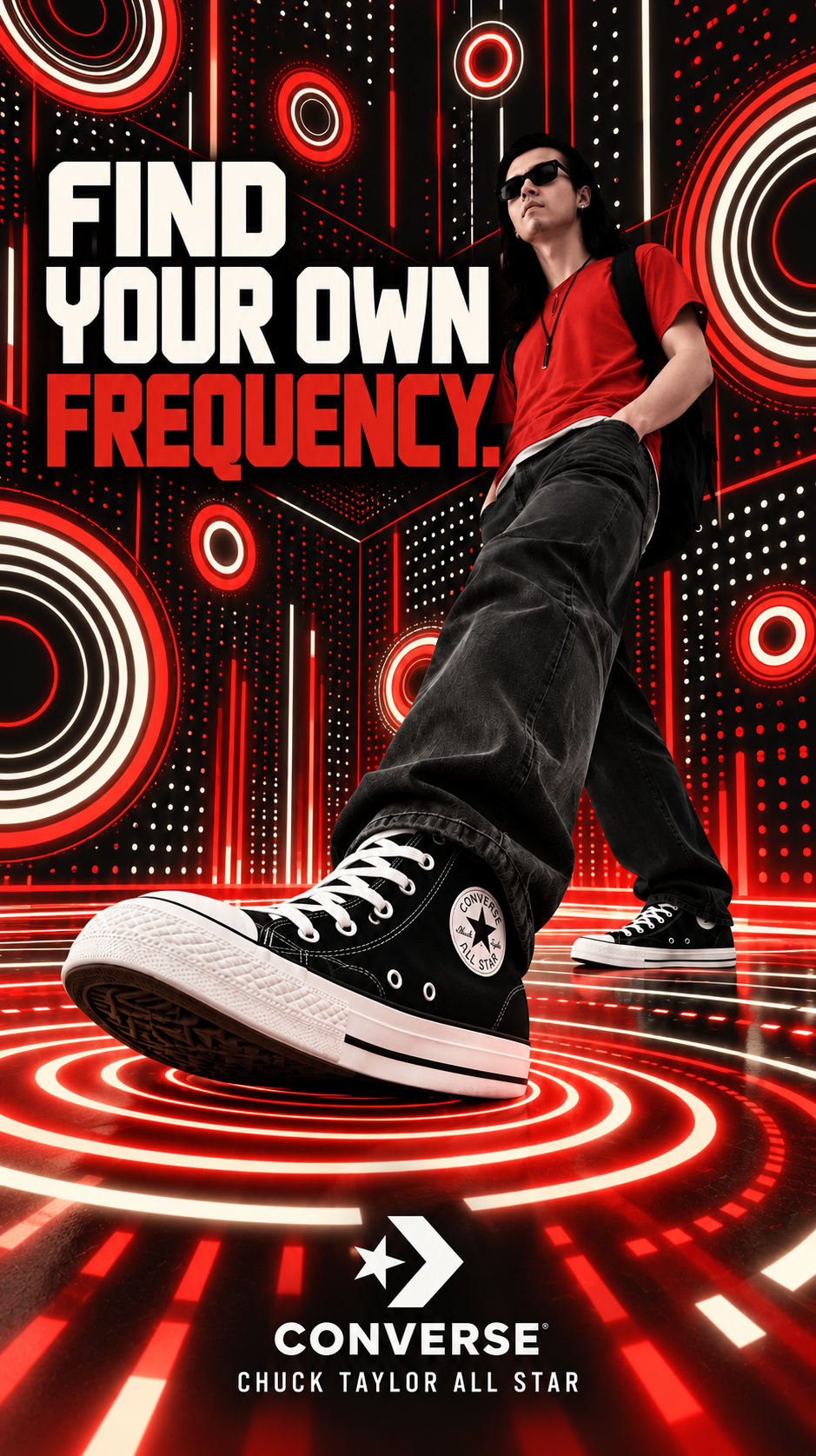 Converse Chuck Taylor All Star vertical poster concept, sneaker advertising art direction: a black high-top stepping toward the lens onto glowing sound rings, headline “Find your own frequency.”