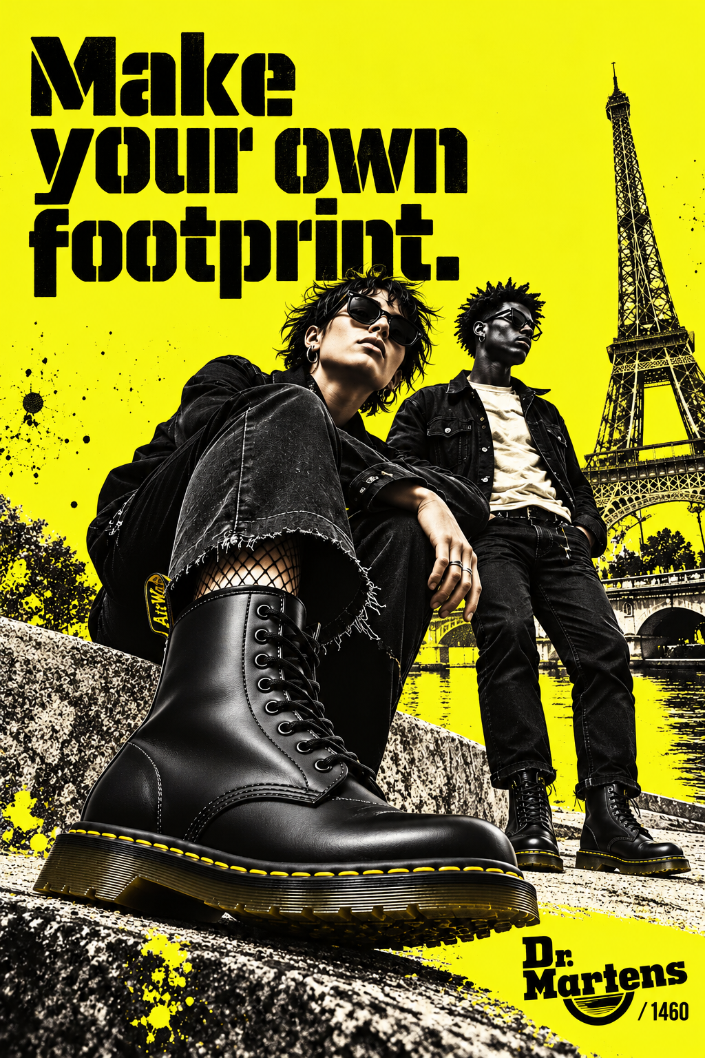 Dr. Martens poster concept, fashion advertising art direction and photo compositing: a 1460 boot pushed toward the lens with two figures and the Eiffel Tower on acid yellow, “Make your own footprint.”