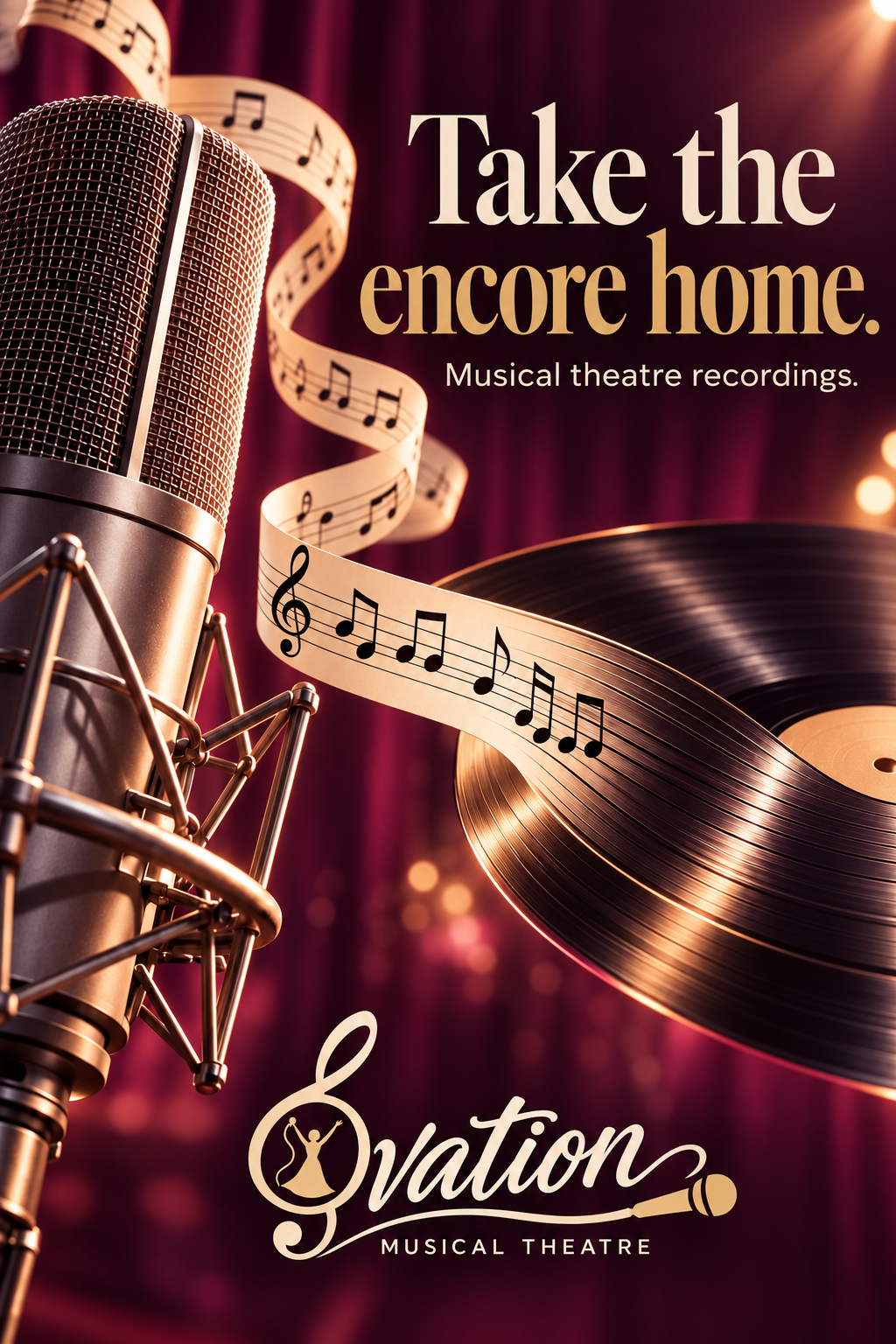 Ovation Musical Theatre poster, entertainment marketing art direction: a studio microphone and ribbon of sheet music spiraling into a vinyl record, headline “Take the encore home.”