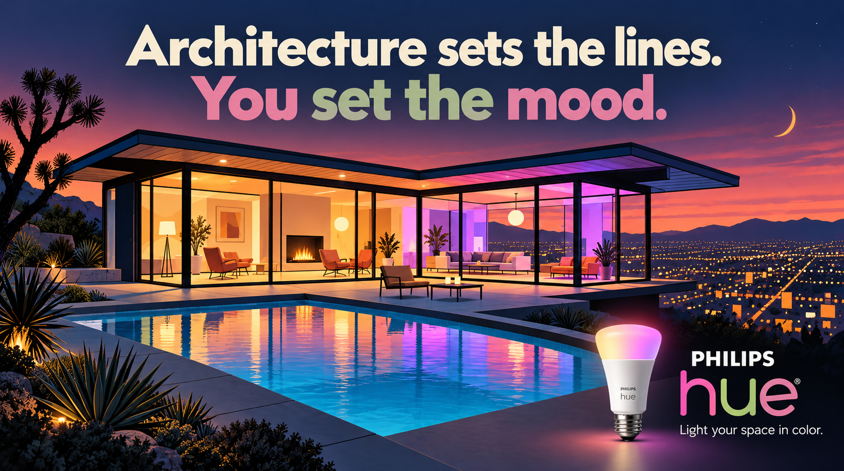 Philips Hue print concept, smart lighting advertising illustration: a mid-century glass house at dusk with each room lit a different color, headline “Architecture sets the lines. You set the mood.”