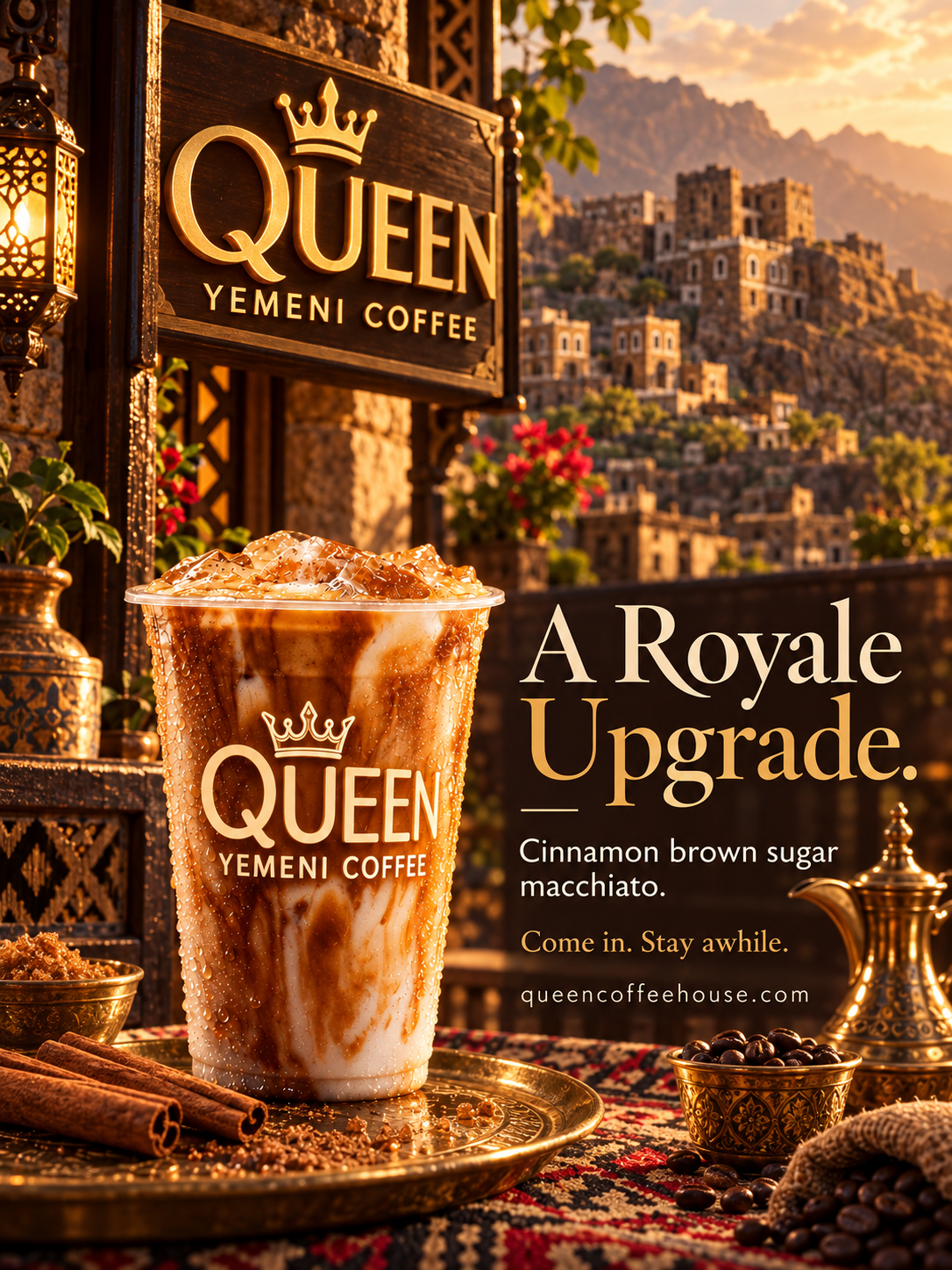 Queen Yemeni Coffee speculative poster, café marketing design: an iced cinnamon brown sugar macchiato on a rainy windowsill below a glowing neon crown sign, headline “A Royale Upgrade.”