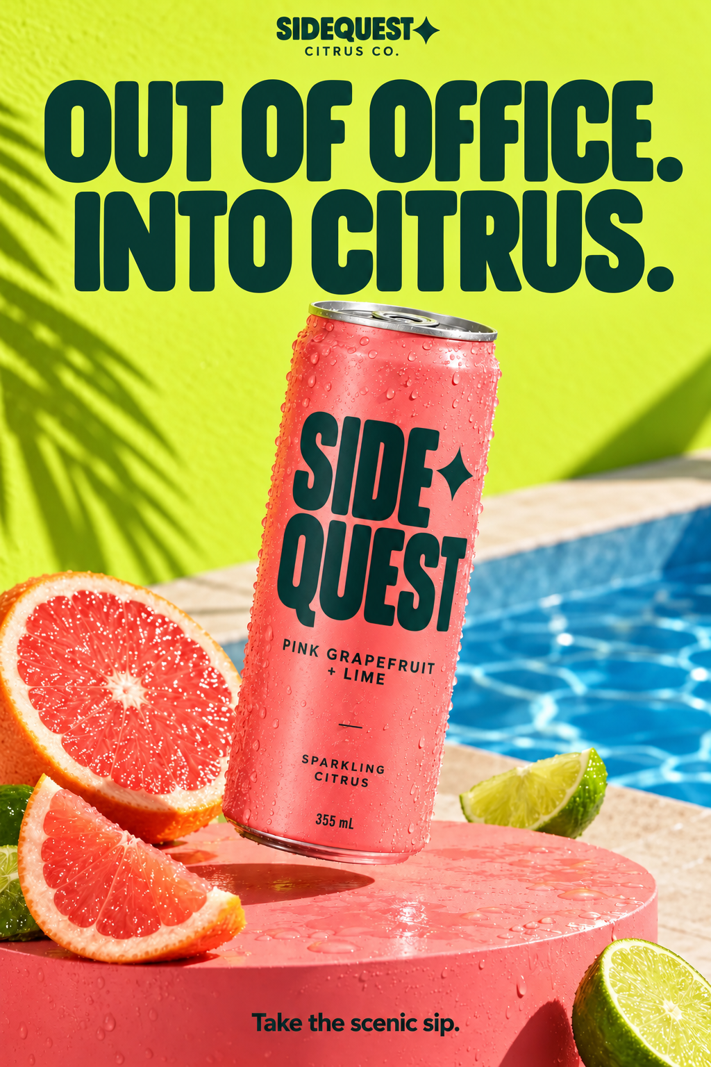 Sidequest Citrus Co. fictional beverage brand poster, packaging and product-hero design: a pink grapefruit-lime can on a coral plinth by a pool, headline “Out of office. Into citrus.”