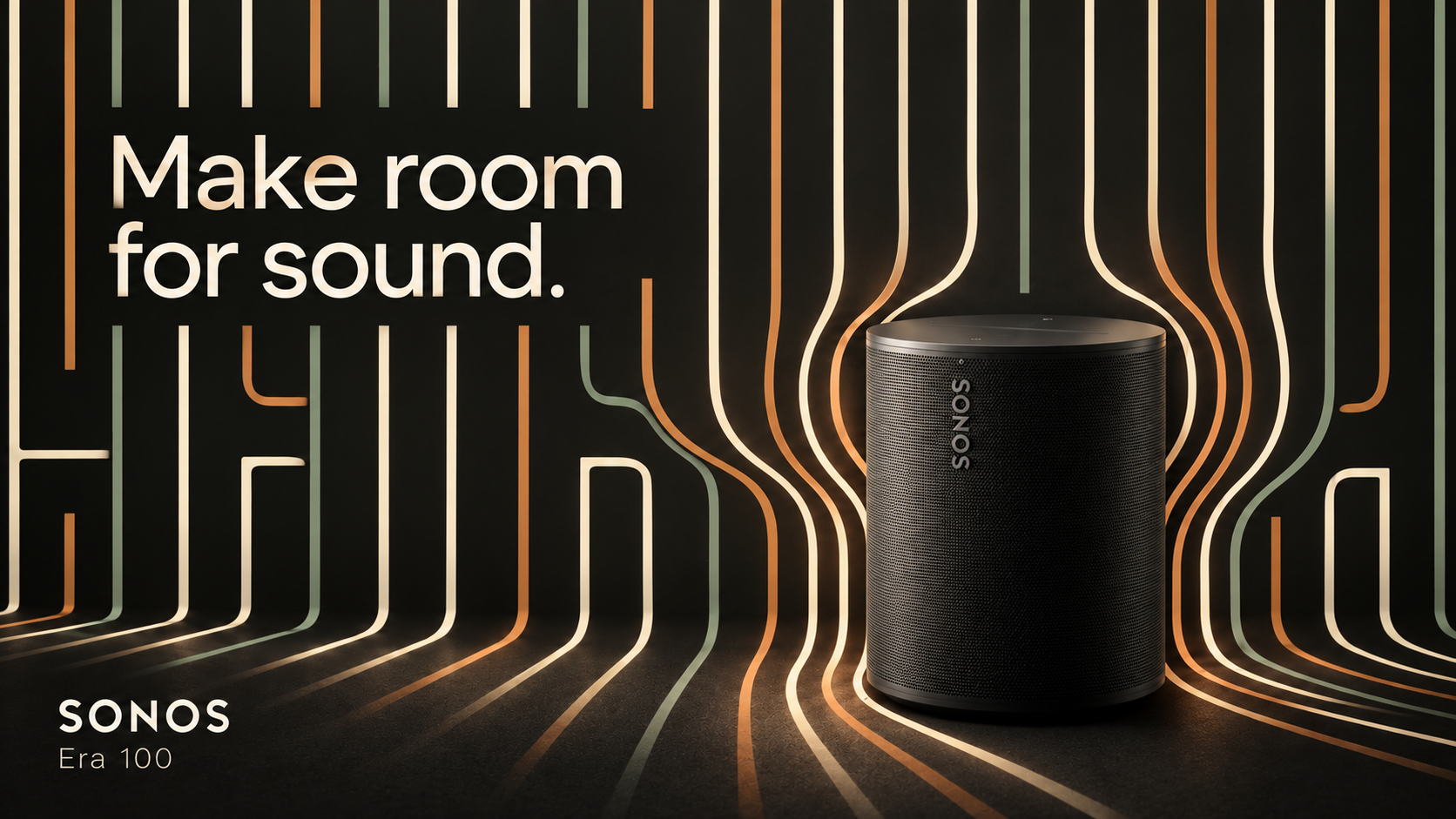 Sonos Era 100 print and out-of-home concept, consumer electronics art direction: cream line patterns bending around a black speaker, headline “Make room for sound.”
