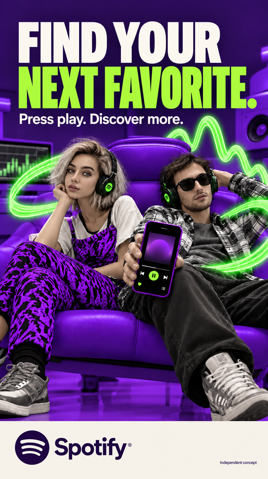 Spotify vertical poster concept, music streaming campaign art direction: two listeners on a violet chair holding out the app, linked by a green sound-wave ribbon, “Find your next favorite.”