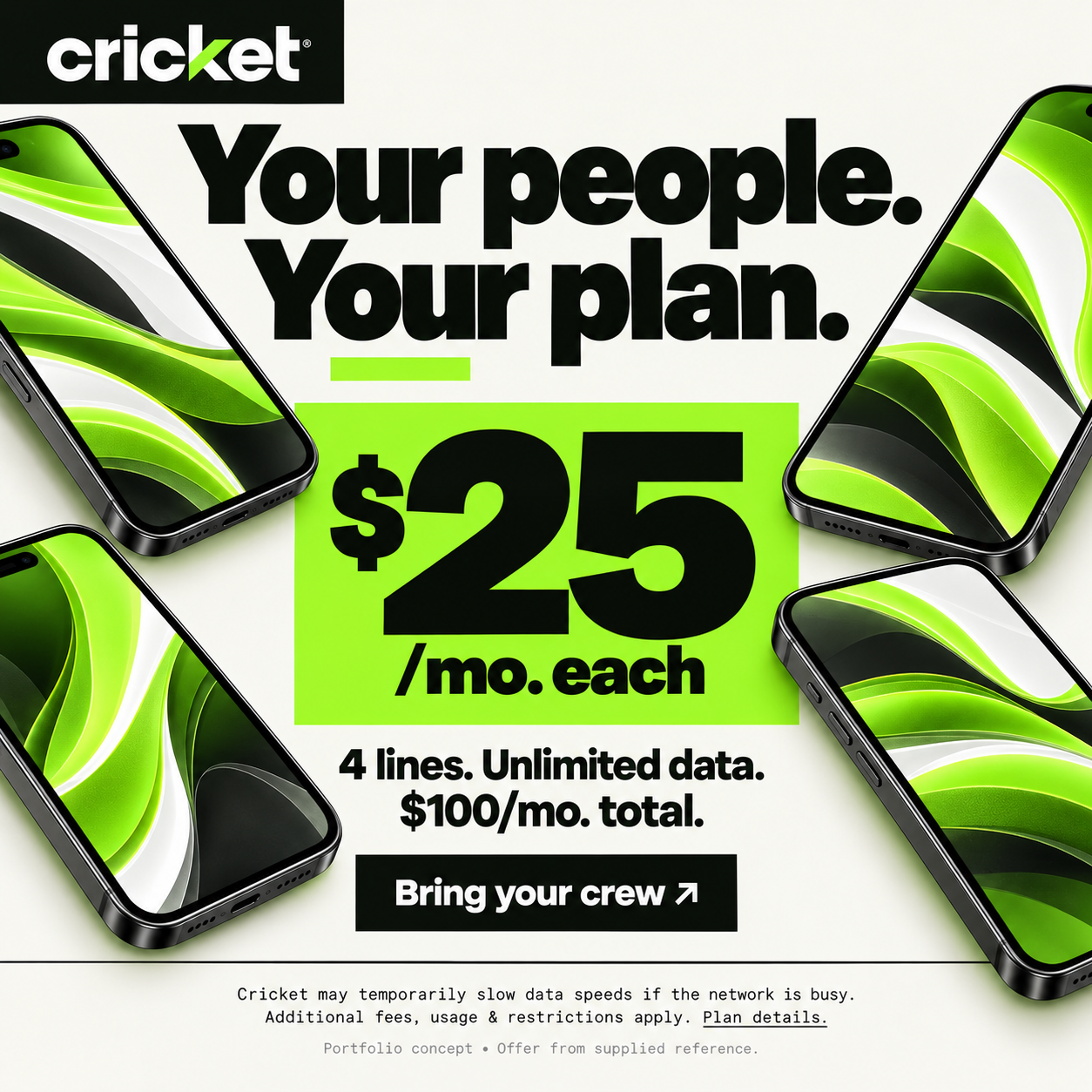 Cricket Wireless multi-line lightbox, retail signage design: four smartphones framing a green $25-per-line price under the headline “Your people. Your plan.”