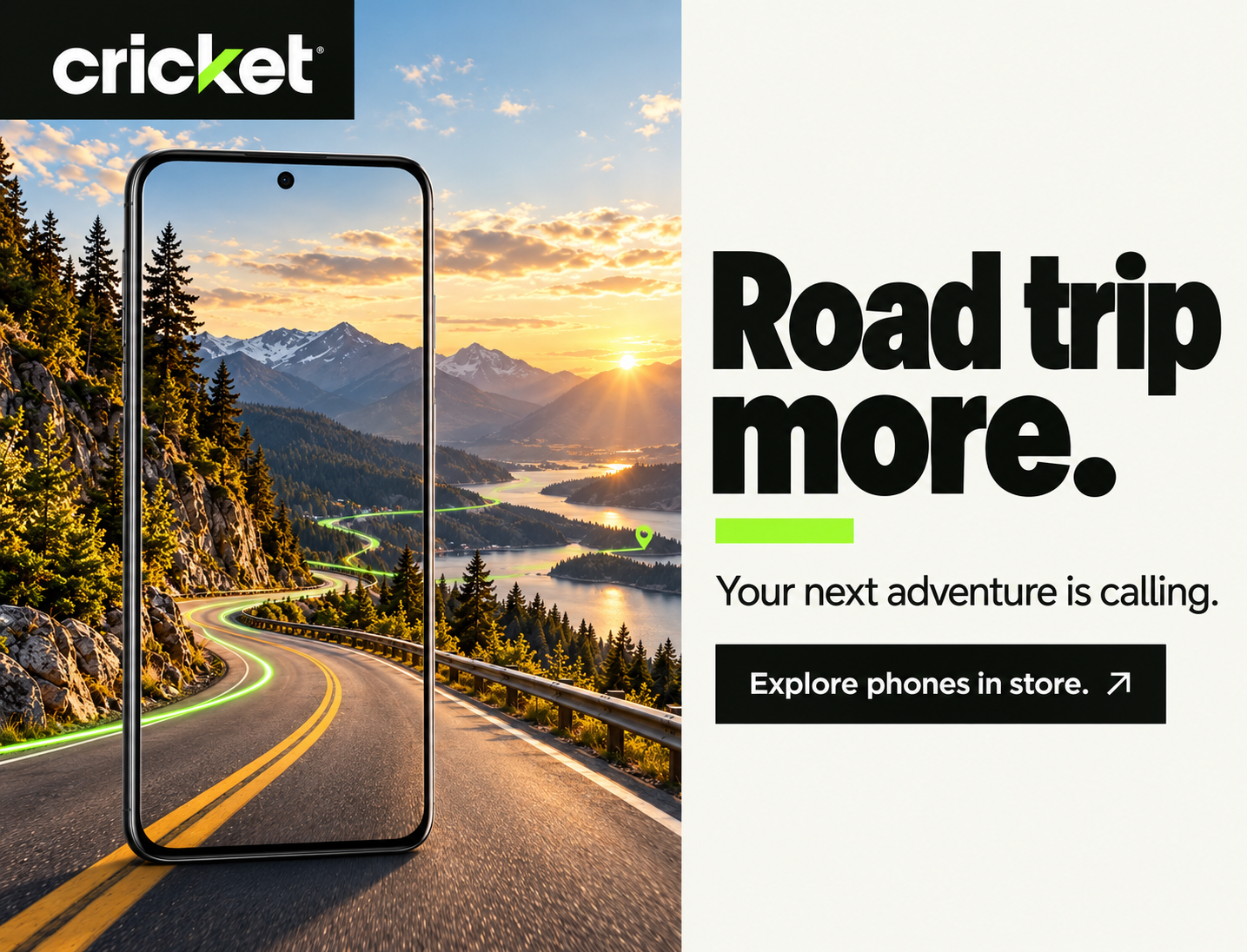 Cricket Wireless summer campaign digital screen, retail advertising art direction: a mountain road running into a smartphone under the headline “Road trip more.”