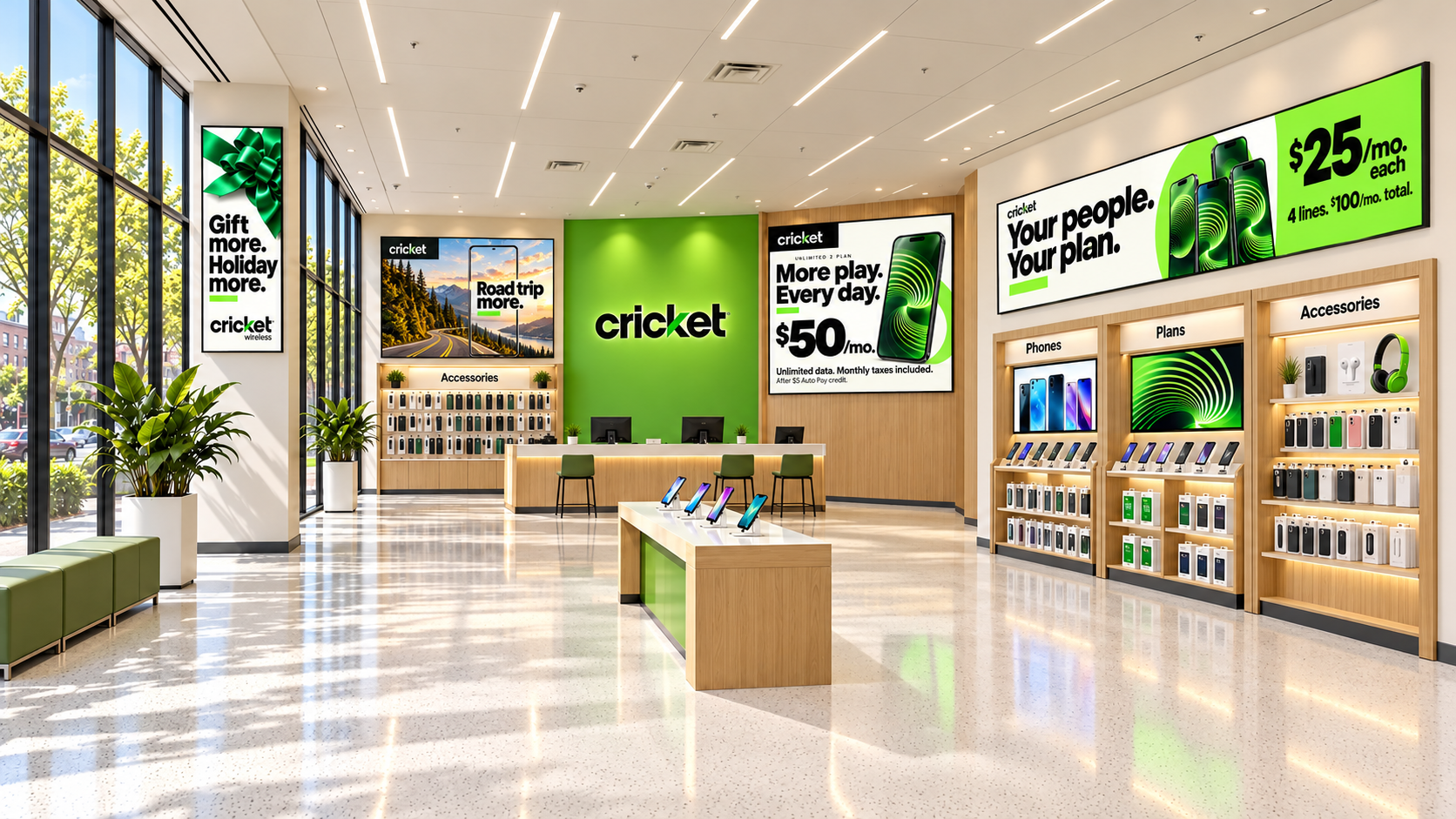 Cricket Wireless retail store environment, shopper marketing and in-store signage art direction by Chicago art director Kevin Halstead, showing holiday, travel and plan promotions across lightboxes, digital screens and fixtures