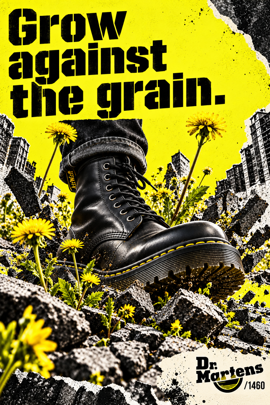 Dr. Martens speculative poster, “Grow against the grain.”: a black 1460 boot in broken concrete surrounded by yellow dandelions on an acid-yellow ground.