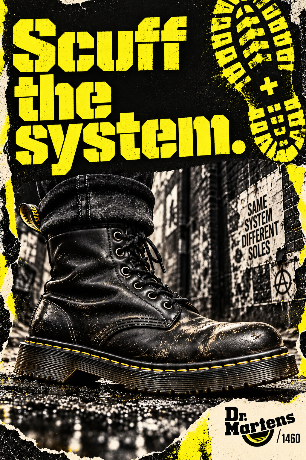 Dr. Martens speculative poster, “Scuff the system.”: a scuffed black 1460 boot in a graffiti alley beside a yellow tread print and the line “Every mark is yours.”