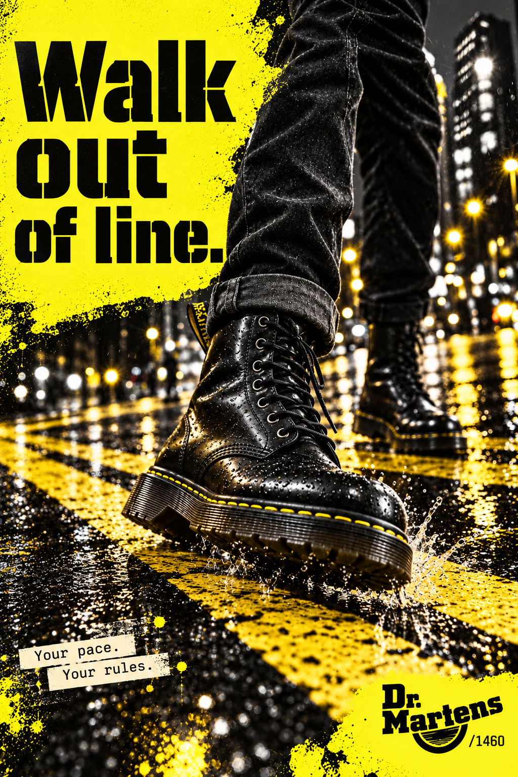 Dr. Martens speculative poster, “Walk out of line.”: black boots stepping across wet yellow road lines at night, with “Your pace. Your rules.”