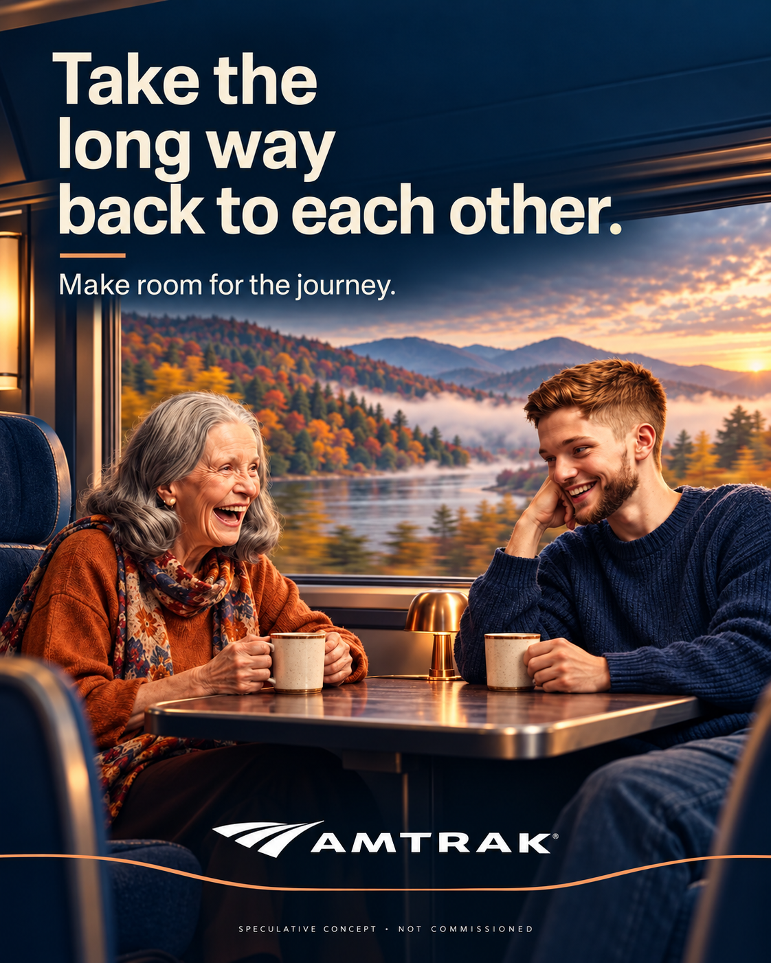 Amtrak speculative poster: a grandmother and grandson sharing coffee at a train window at dawn, headline “Take the long way back to each other.”