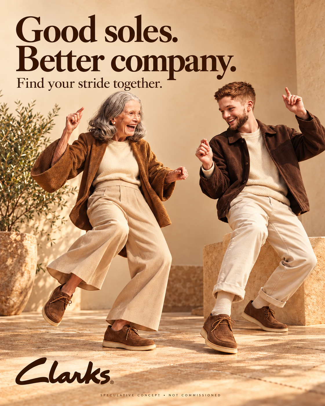Clarks speculative poster: a grandmother and grandson dancing in suede shoes in a sunlit stone room, headline “Good soles. Better company.”