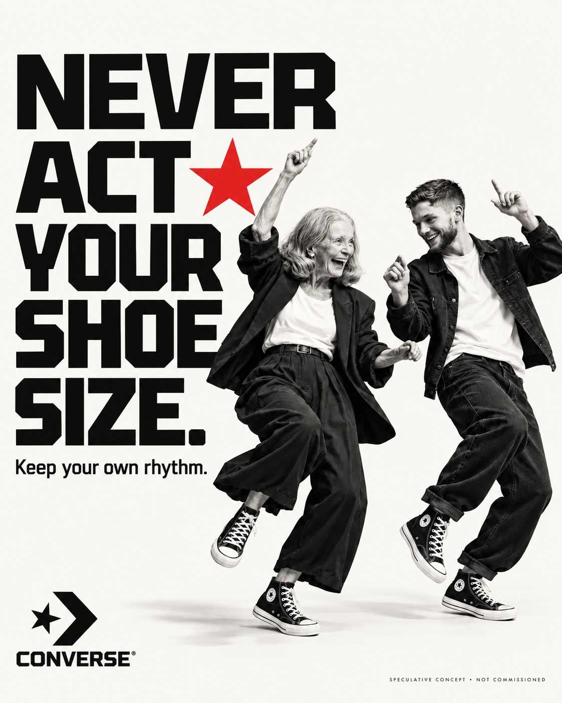 Converse speculative poster in black and white: a grandmother and grandson dancing in Chucks, headline “Never act your shoe size.”